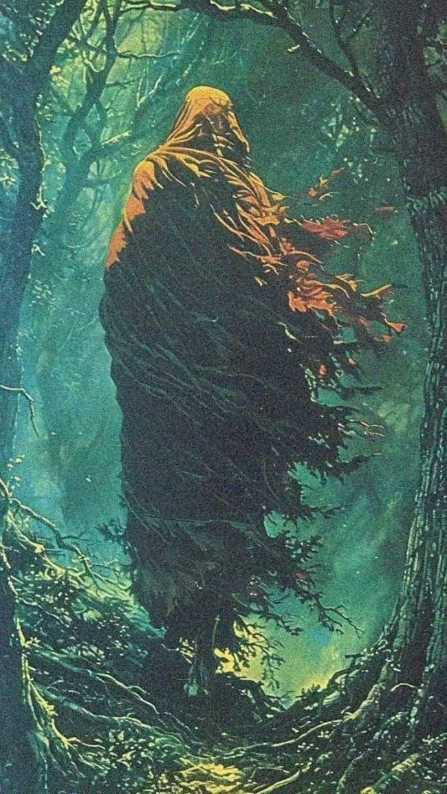 Eerie hooded figure wrapped in a long tattered orange and brown cloak walking through a misty green forest.
