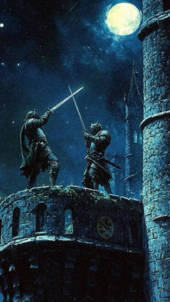 Two knights fighting with swords on top of a stone castle turret underneath a bright full moon.