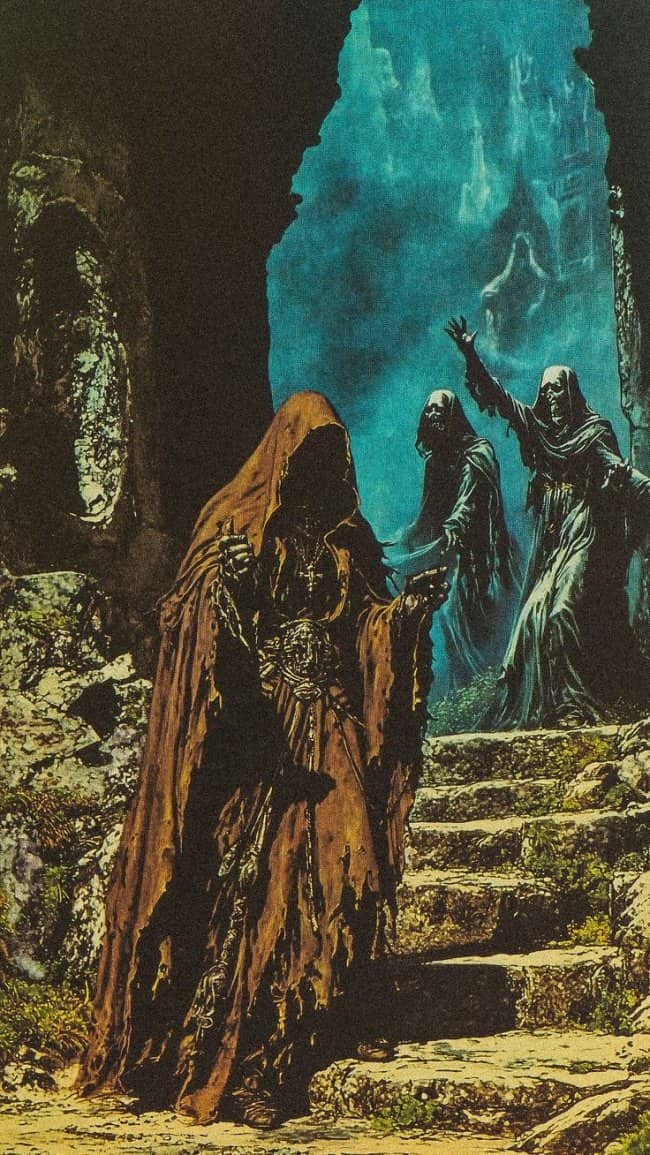 Group of dark robed occult figures standing on stone stairs under a glowing blue light inside a cave.