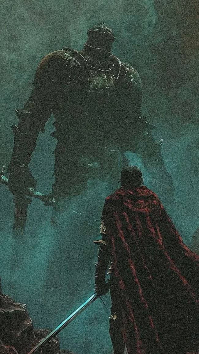 Knight with a glowing blue sword facing off against a giant shadowy iron golem in the mist.