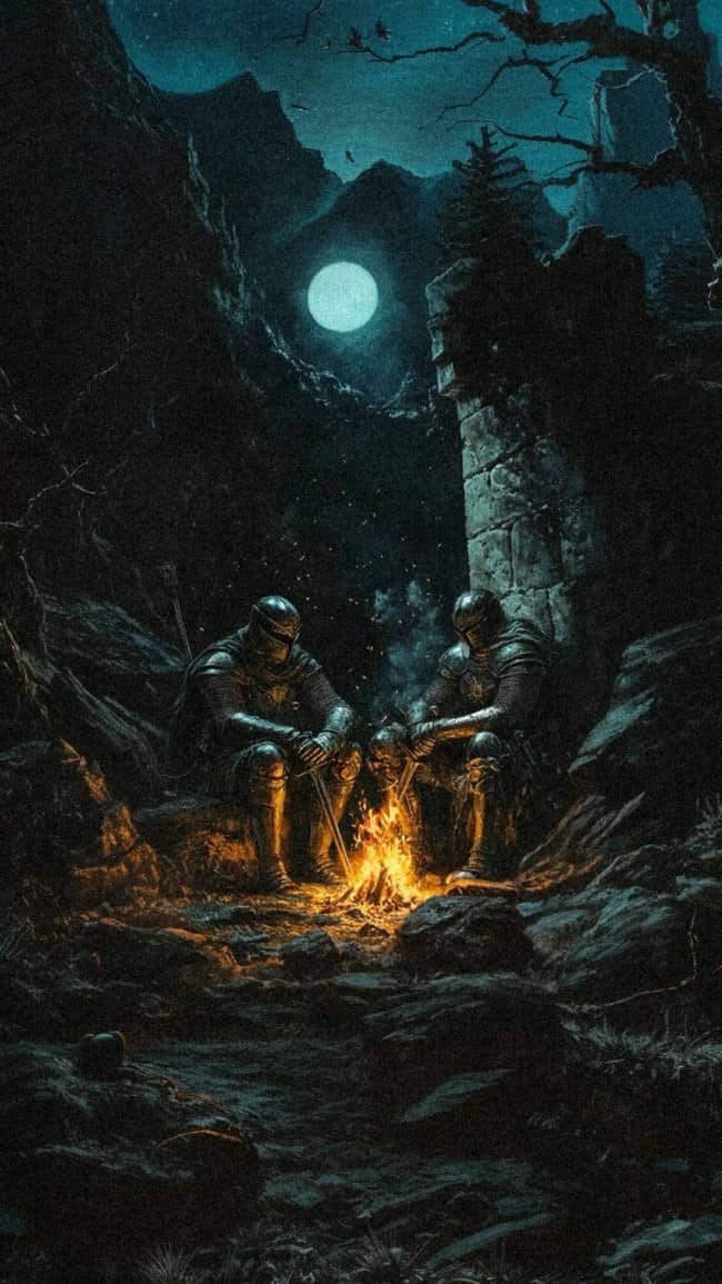 Two weary armored knights sitting around a glowing campfire in a dark rocky mountain setting at night.