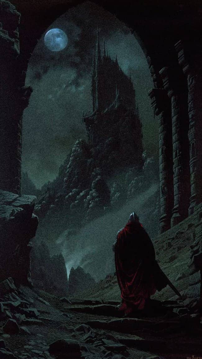 Knight in a long red cape looking up at a massive dark gothic tower on a jagged mountain peak.