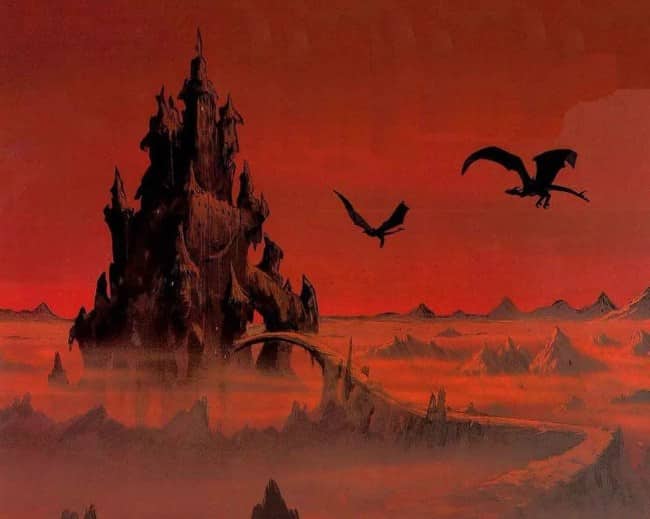 Dark gothic castle surrounded by flying dragons silhouetted against a stark blood-red sky background.
