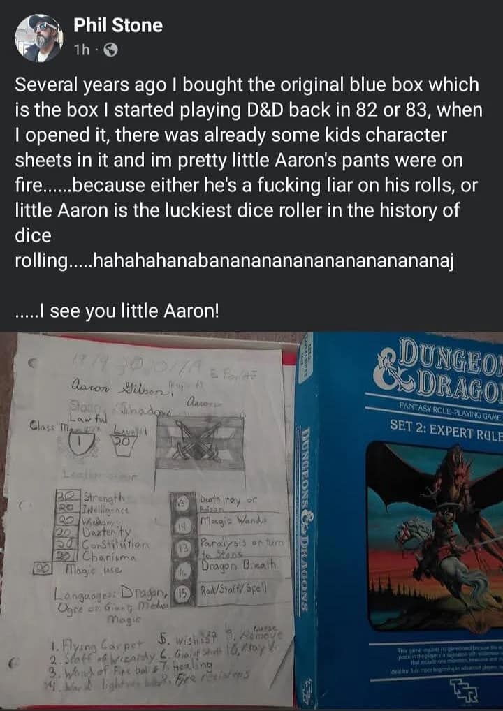 A vintage d&d meme highlights a viral Facebook post by Phil Stone uncovering a decades-old piece of tabletop history. The image displays a classic 1980s Dungeons & Dragons Expert Rule Set blue box resting next to a hand-drawn character sheet from a kid named Aaron Gibson. Phil hilariously points out that little Aaron's pants are completely on fire, as the sheet reveals impossibly fraudulent maximum stats of 20 across Strength, Intelligence, Wisdom, Dexterity, Constitution, and Charisma for a level 20 Mage loaded down with custom wishes and flying carpets.
