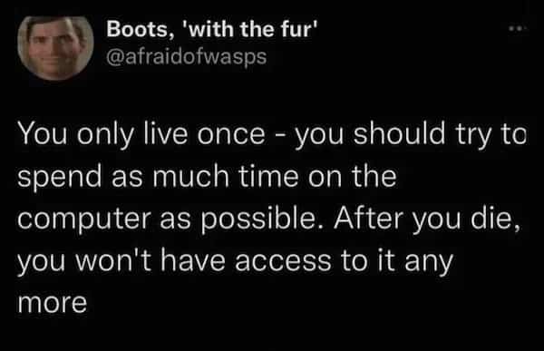 Tweet screenshot explaining the logic behind maximizing screen time before ultimate mortality.