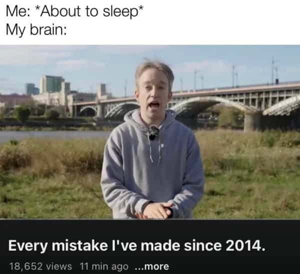 Tom Scott YouTube video format edited with caption about late night self reflection mistakes.
