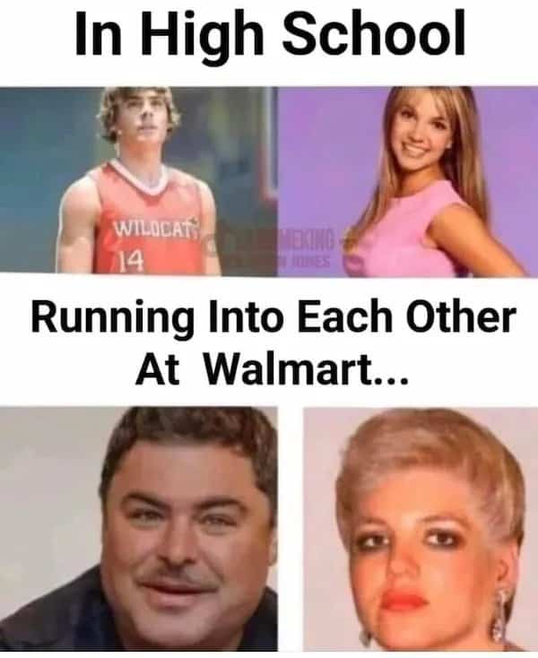 Side by side comparison of attractive high schoolers aging ungracefully into middle age.