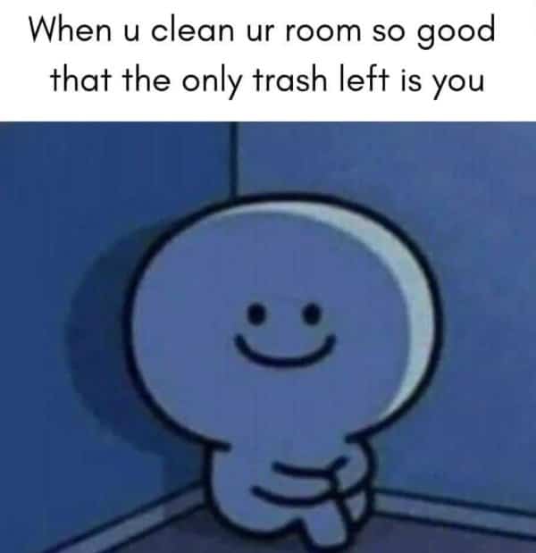 Small cartoon figure sitting quietly in an empty room corner after deep cleaning.