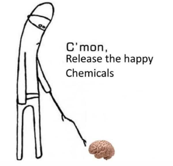 Stick figure poking a human brain with a stick begging for happy chemicals.