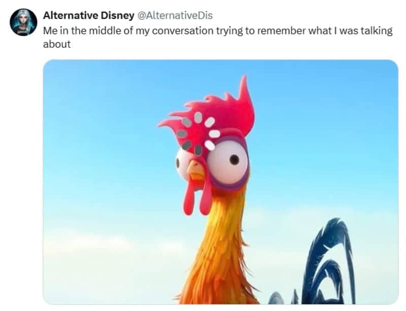 A funny Disney meme featuring Heihei the rooster from Moana with a digital loading spinner icon edited onto his forehead.
