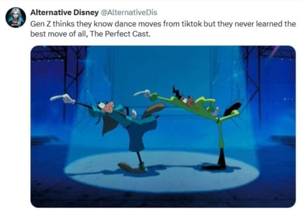 This nostalgic Disney meme captures Goofy and Max Goof on a concert stage performing their signature perfect cast dance move.