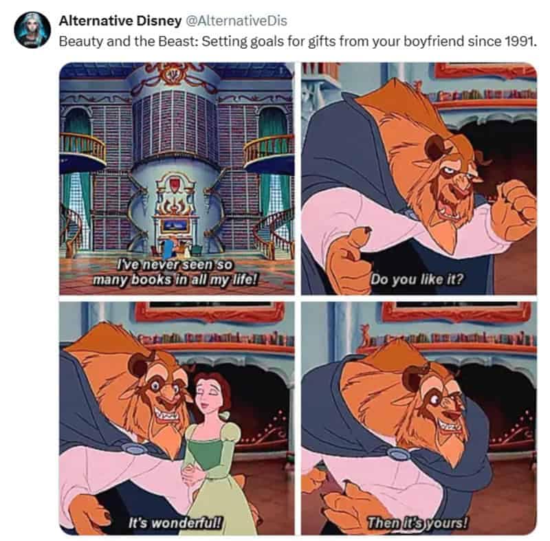 classic Disney meme panel displays the Beast gifting a massive castle library to Belle in Beauty and the Beast.