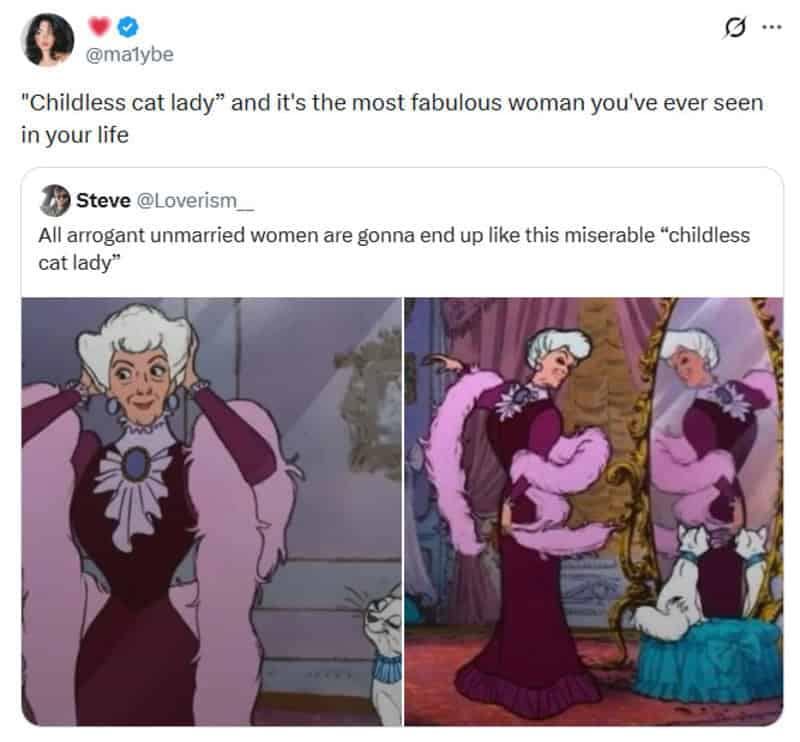 This sharp Disney meme pairs Madame Bonfamille from The Aristocats with commentary about a fabulous childless cat lady.