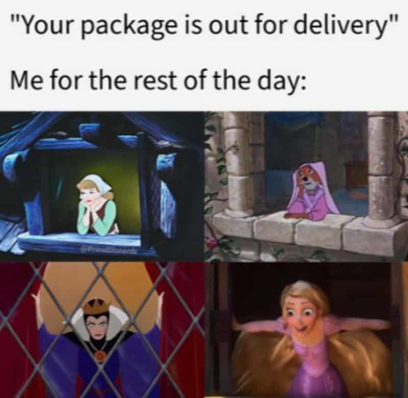 A relatable Disney meme uses four panels of princesses staring out of windows to show waiting for a package delivery.