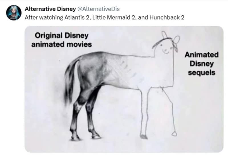 This accurate Disney meme uses a split horse drawing to mock the drop in quality between original films and direct sequels.