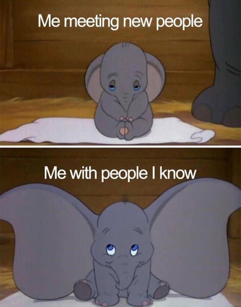 A charming Disney meme compares Dumbo’s tucked and wide ears to illustrate introverted versus extroverted social behavior.
