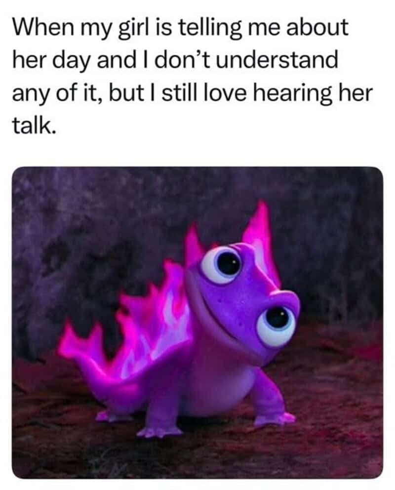 A sweet Disney meme uses Bruni the purple fire lizard from Frozen 2 looking up lovingly to describe listening to a partner.