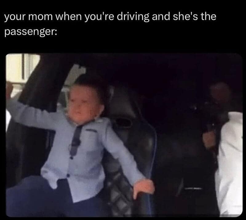 A highly relatable passenger-anxiety driving meme depicting viral internet icon Hasbulla looking absolutely terrified and bracing for impact to mock a mother's dramatic overreactions to normal driving.