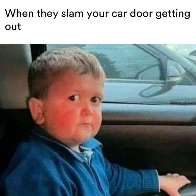 An aggressive door-care driving meme featuring Hasbulla sitting inside a car cabin glaring sideways with a face of pure, silent rage after a passenger slams the vehicle door.