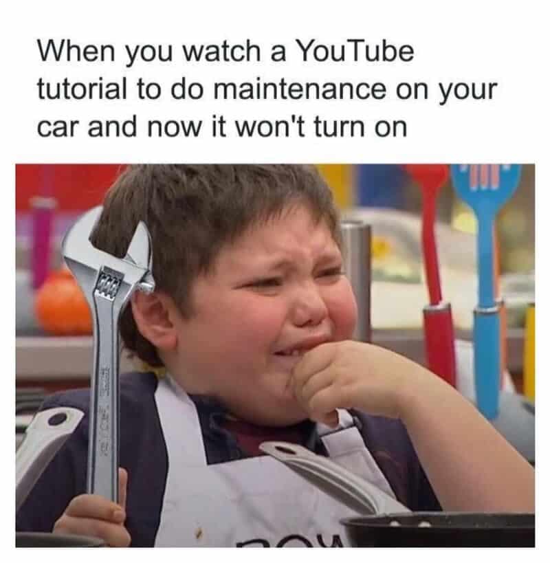 A distressed driving meme using an iconic image of a crying boy holding an adjustable wrench to perfectly capture the immediate regret of trying a DIY car repair via a basic YouTube tutorial.