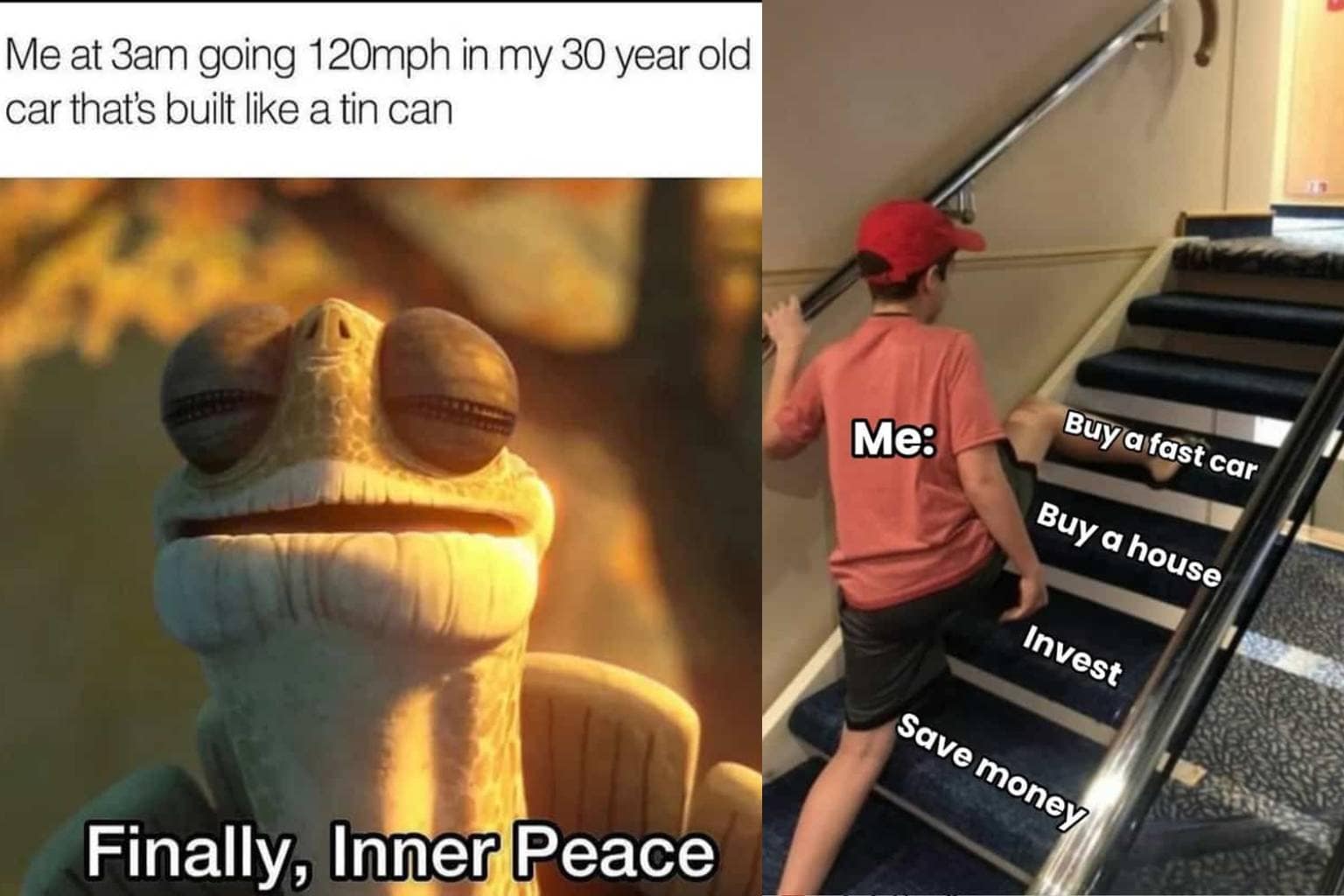 A curated gallery highlighting a relatable driving meme collection that tracks the high-stress realities of modern roads, featuring visuals of a crying Boo from Monsters Inc. trying to park, Hasbulla reacting in sheer terror as a front-seat passenger, and Kermit the Frog pulling up next to an aggressive motorist at a red light.