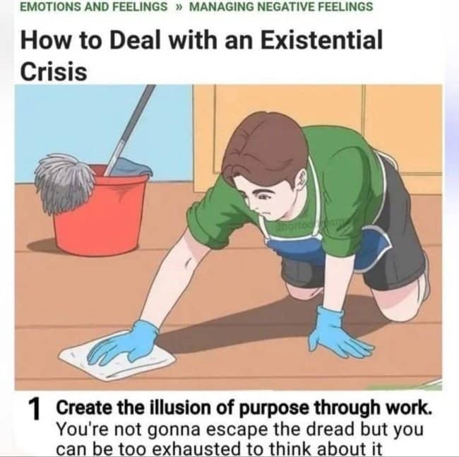 Person scrubbing floor illustration showing illusion of purpose work existential dread dark meme.