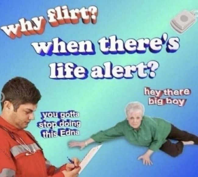Surreal image of Life Alert Edna flirting with paramedic medical emergency dark meme.