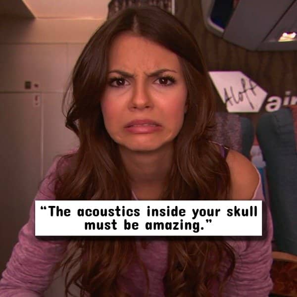 Victoria Justice on an airplane making a disgusted face underneath a clever, sarcastic insult.