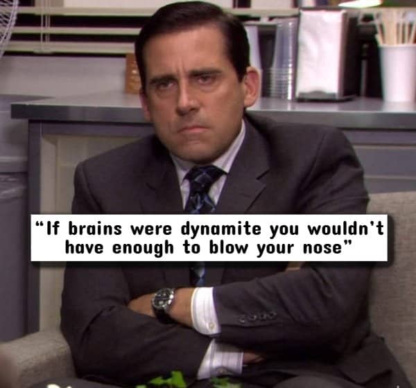 Steve Carell as Michael Scott in business suit looking intensely unimpressed with text overlay.