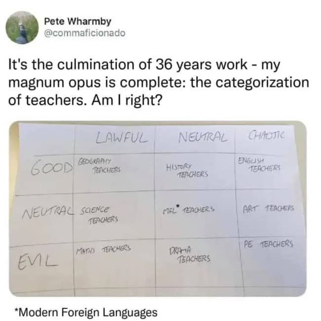 Handwritten DnD style alignment chart categorizing school teachers based on their specific academic subjects.