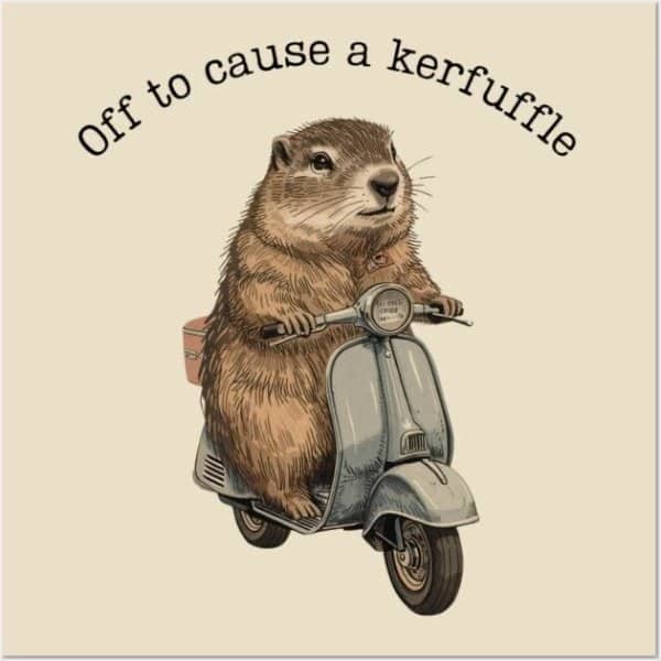 Illustration of a groundhog riding a vintage moped with text reading off to cause a kerfuffle.