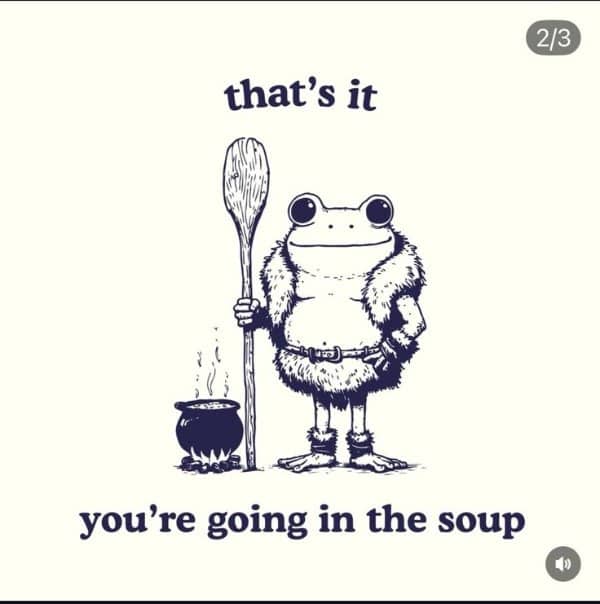 Ink drawing of a frog dressed as a barbarian holding a spoon next to a cooking pot.