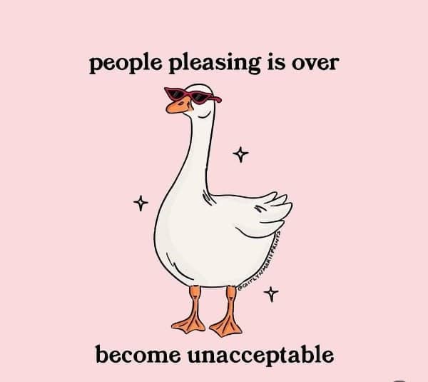 Minimalist drawing of a white goose wearing sunglasses with text about ending people pleasing habits.