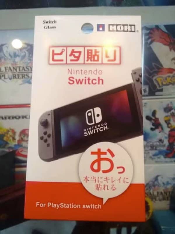 Funny fake products Nintendo Switch screen protector package incorrectly labeled for a PlayStation switch.