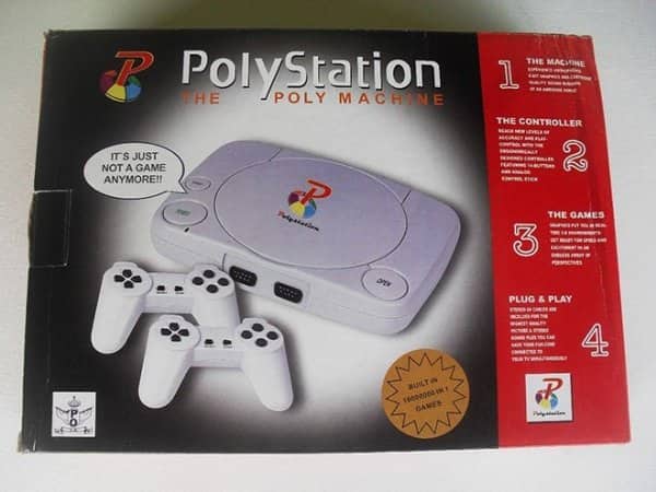 A PolyStation video game console box representing funny fake products imitating a PlayStation console.