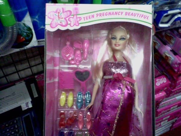A pregnant fashion doll packaged under the funny fake products title Teen Pregnancy Beautiful.