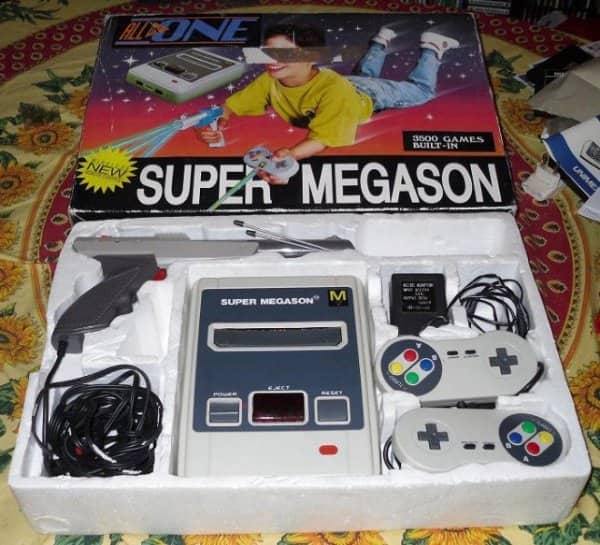 Retro Super Megason gaming console box depicting funny fake products mimicking classic Nintendo systems.