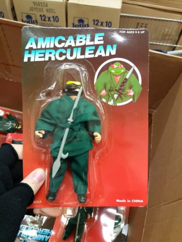 A bootleg Teenage Mutant Ninja Turtle action figure sold as funny fake products Amicable Herculean.