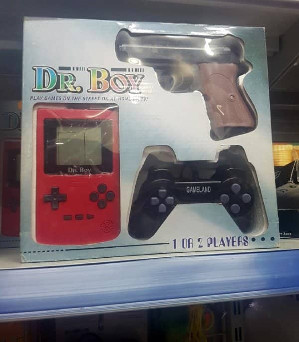 Funny fake products handheld game console set named Dr Boy featuring a plastic toy handgun.