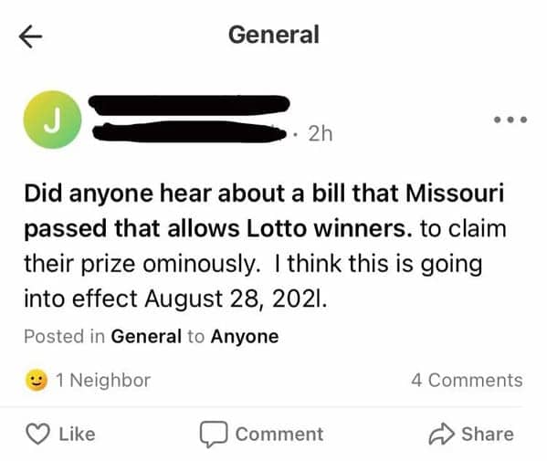 Neighborhood app post asking about a bill allowing lottery winners to claim prizes ominously instead of anonymously.