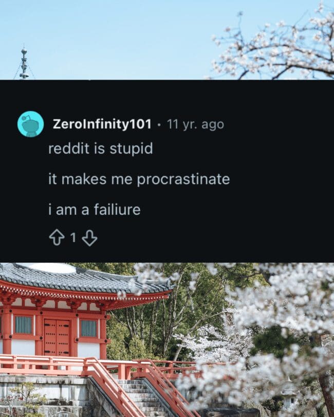 Reddit existential dread comment by user ZeroInfinity101 about procrastination failures overlaying a serene cherry blossom temple.