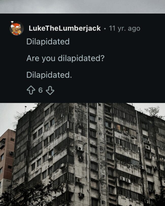Reddit comment by user LukeTheLumberjack repeating the word dilapidated on a dark, grim urban apartment block background.