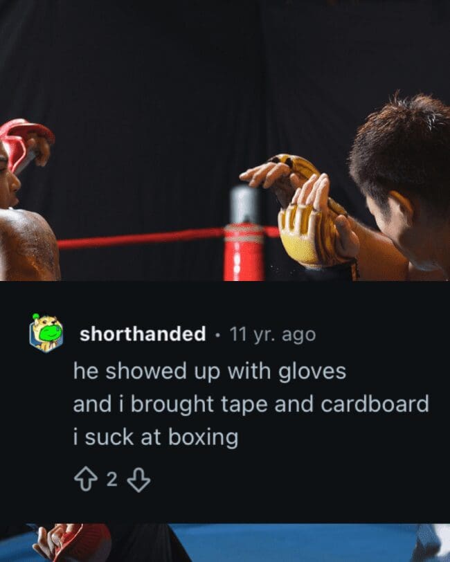 Boxing ring match photo overlaying a text narrative by user shorthanded about a terrible fighting strategy.