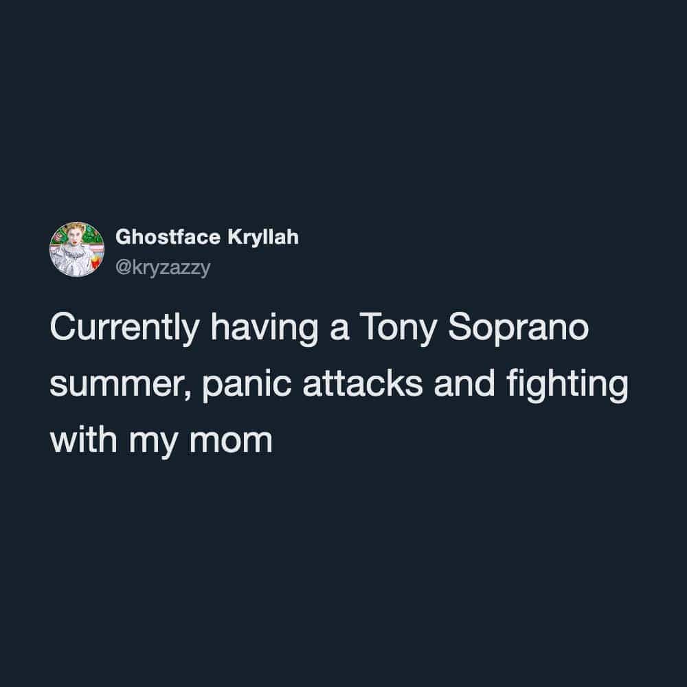 Funny text meme about having a Tony Soprano summer filled with panic attacks and motherly arguments.