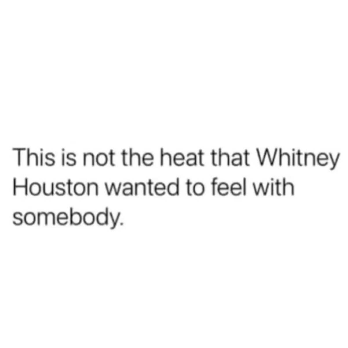 Black text on a plain white background making a joke referencing a Whitney Houston song lyric.