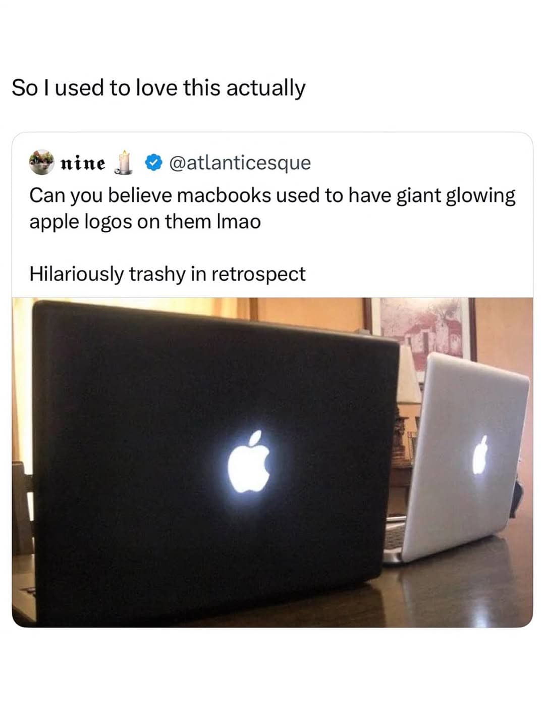 Tweet showing older models of Apple Macbooks displaying the classic glowing apple logo design.