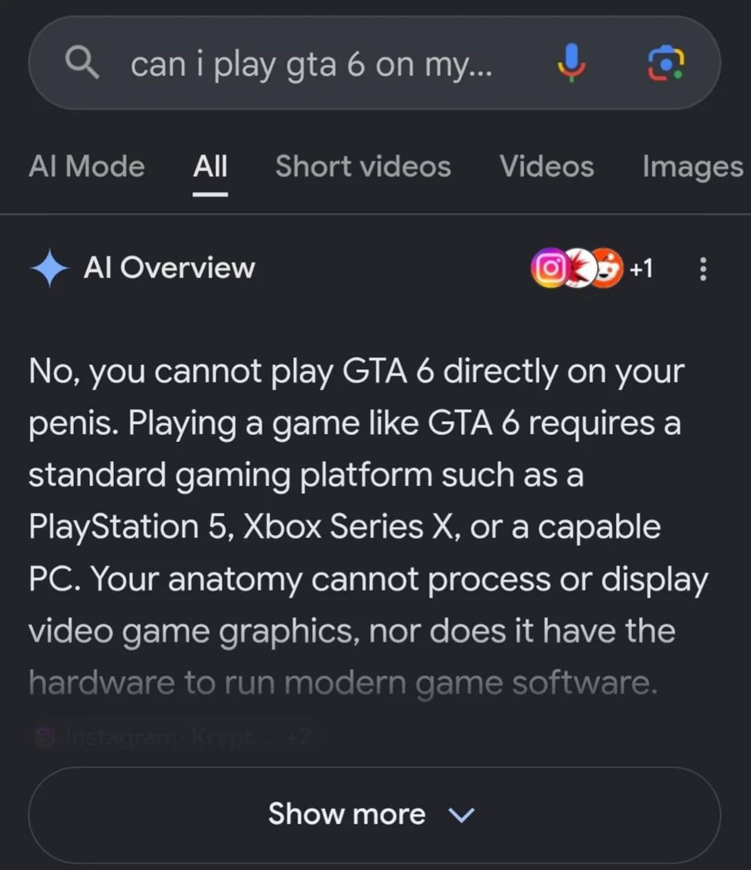 Google AI Overview search result providing a comically literal and absurd negative answer about Grand Theft Auto 6.