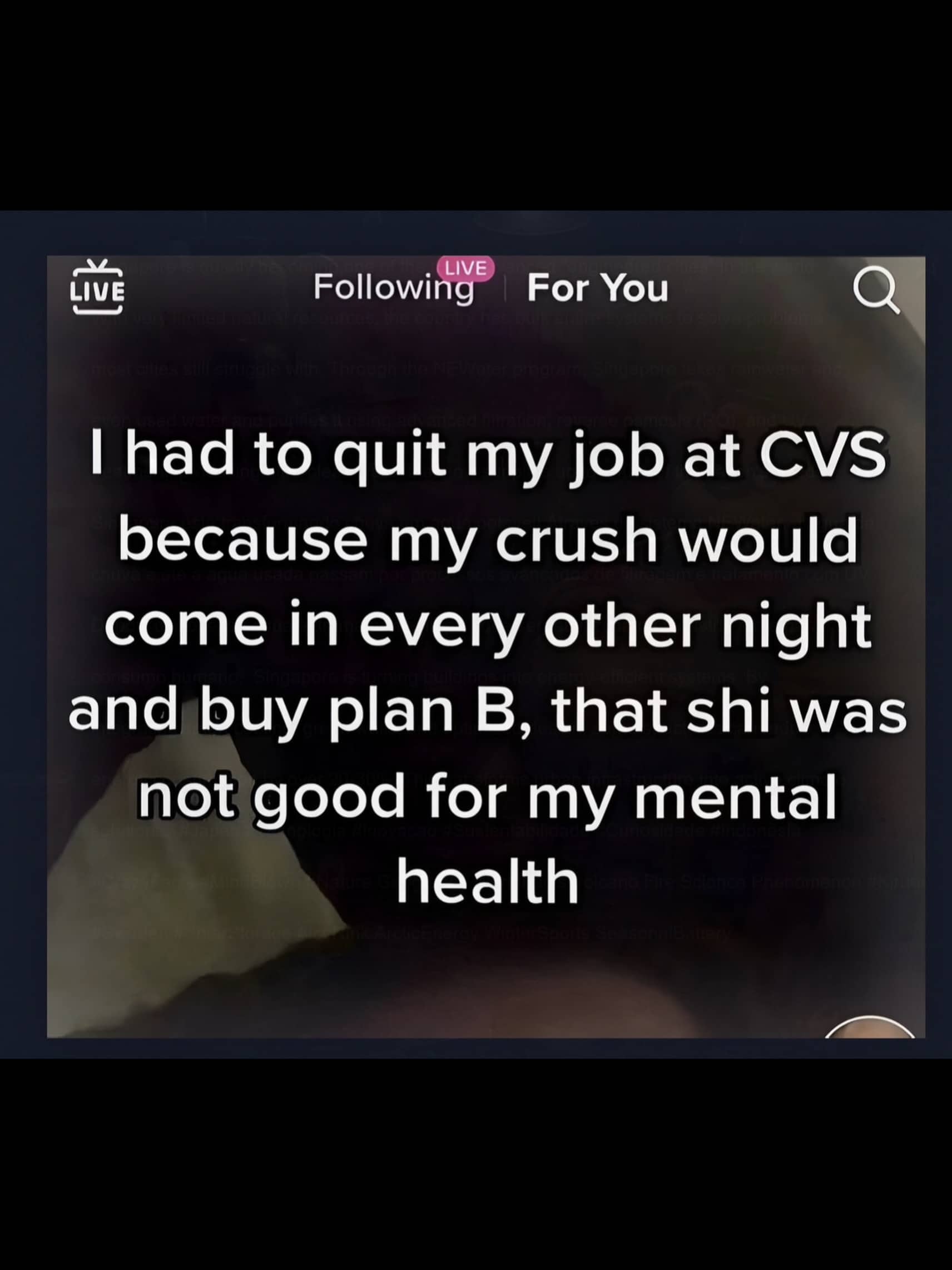 Humorous social media text screenshot about someone quitting their job at CVS over an awkward crush.