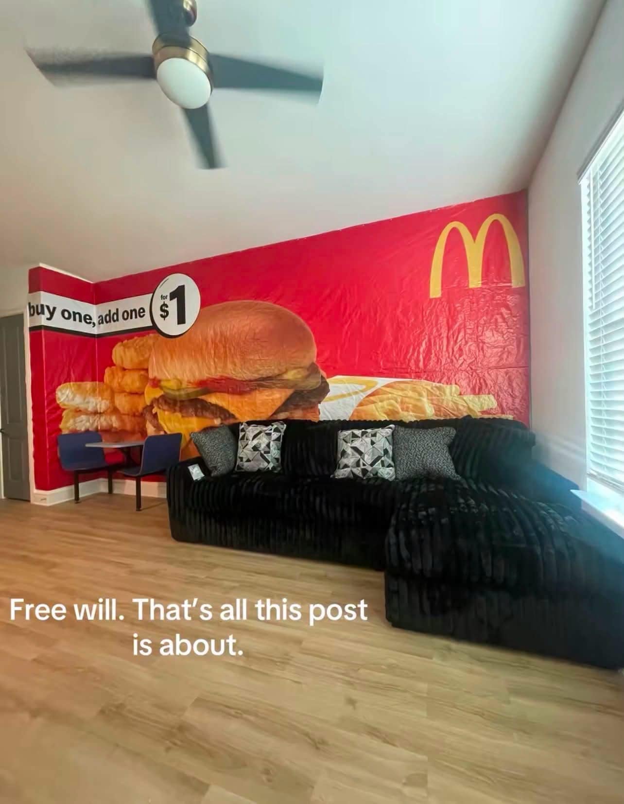 A chaotic funny meme showing a living room entirely covered in a giant, bright red McDonald's value menu wall banner.