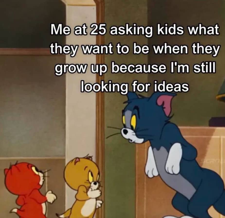 Animated scene from Tom and Jerry with a caption joke about looking for life ideas from children.